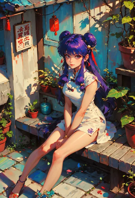 anime girl sitting on a step with a backpack and flowers