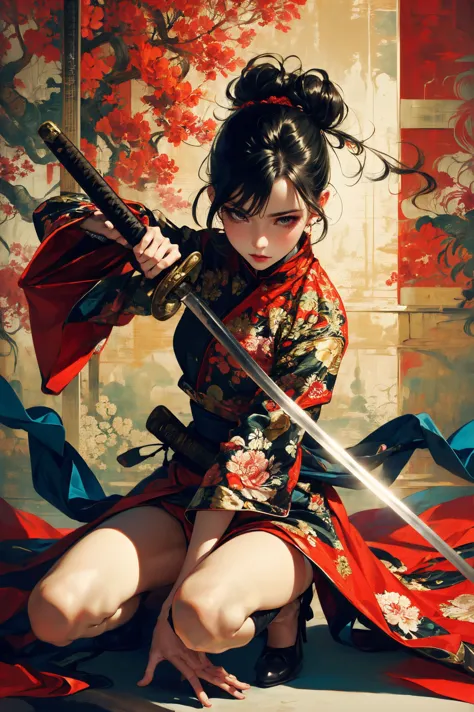 a woman in a kimono outfit holding a sword and kneeling on a floor