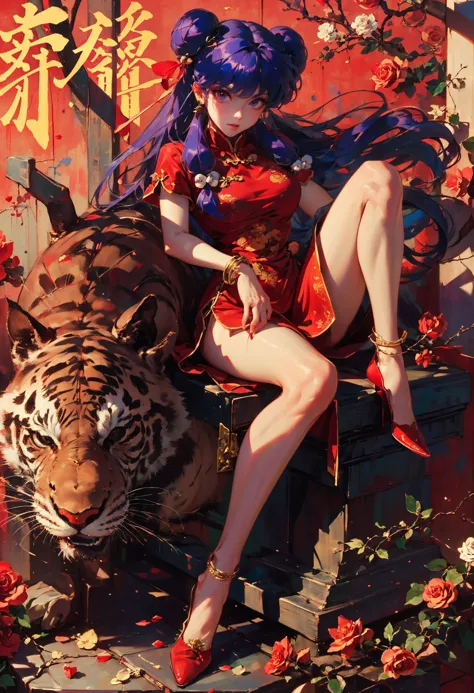 anime girl with blue hair sitting on a tiger