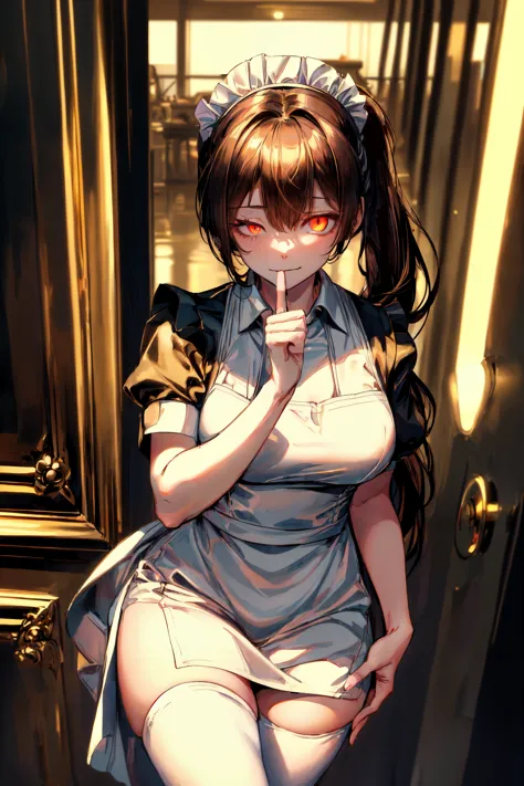 (best art,golden ratio art,master piece:1.3),
golden ratio,white theme,
white skin,1girl,(long pony tail brown hair:1.3),
ultra high res, masterpiece, best quality,
close eyes,a dimply smile,(close one eye,catcalling gesture,put her index finger on her mouth,maid suit,red glowing eye:1.4),
<lora:Carmen:0.85> <lora:add_detail:0.8>  <lora:GoldenTech:0.5> <lora:cateyes_lora01:0.8> cateyes, <lora:flame_over_one_eye:0.8> flaming eye, <lora:beautiful detailed eyes:0.5>beautiful flaming red cat eye,