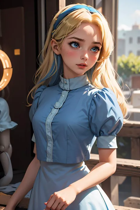 (傑作, 最好的品質),1個女孩, 瑪麗亞機器人公司, 長髮, 金髮, 藍頭髮, 髮帶, 藍色洋裝, 蓬鬆的袖子