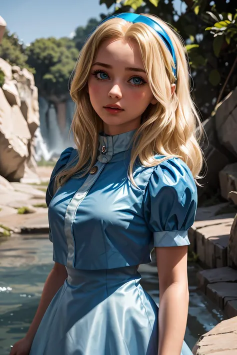 (傑作, 最好的品質),1個女孩, 瑪麗亞機器人公司, 長髮, 金髮, 藍頭髮, 髮帶, 藍色洋裝, 蓬鬆的袖子
