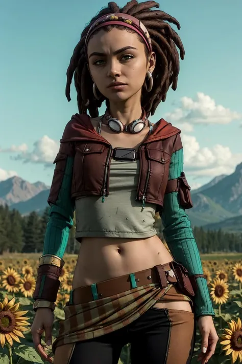 masterpiece, angry, <lora:SashaTFTBv2on1.5:0.8>  sashatftb, green eyes, dark skin, 1girl, solo, jewelry, earrings, dark-skinned female, brown hair, dreadlocks, hairband, pastoutfit, goggles around neck, midriff, navel, crop top, sunflower field