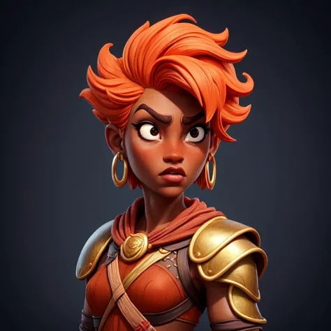 a close up of a woman with orange hair and armor