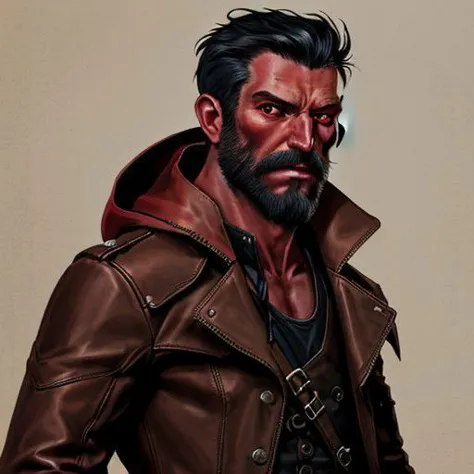 beard, red skin, brown leather trench coat, male focus, black hair, red eyes, revolver, portrait, tank top, pants