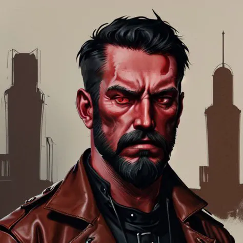 beard, red skin, brown leather trench coat, male focus, black hair, red eyes, revolver, portrait, tank top, pants
