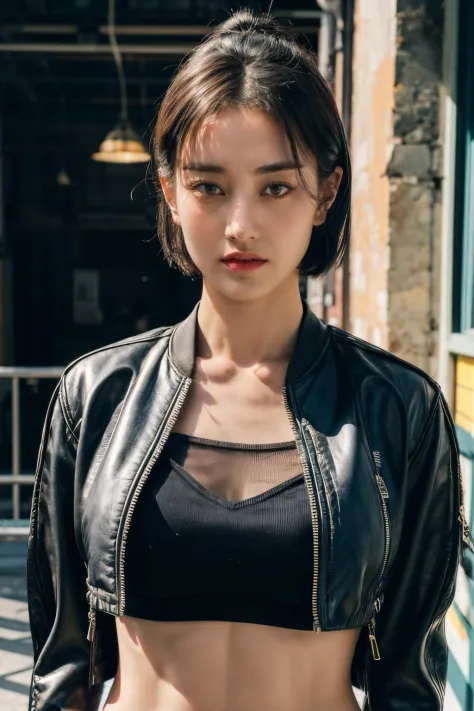 <lora:zyozyo:0.9>, (forehead, cropped jacket, abs, midriff, frown, short hair, black hair, eyeliner:1.3), (masterpiece, best quality, beautiful quality), (photorealistic:1.4), (detailed lighting, extremely detailed skin, extremely detailed hair, shadows, 8...