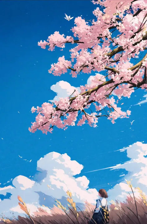 outdoors, flower, 1girl, day, sky, cloud, grass, solo, wide shot, blue sky, water, scenery, shirt, white flower, tree, pink flow...