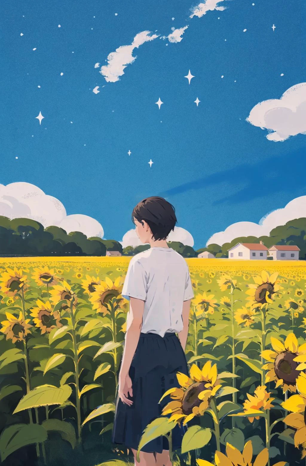 sky, sunflower, flower, , outdoor,, 1girl, clouds, landscape, daytime, short hair, standing, field, starry sky, view from behind, open sky, clouds, wide view ,(illustration:1.0), masterpiece, best quality,