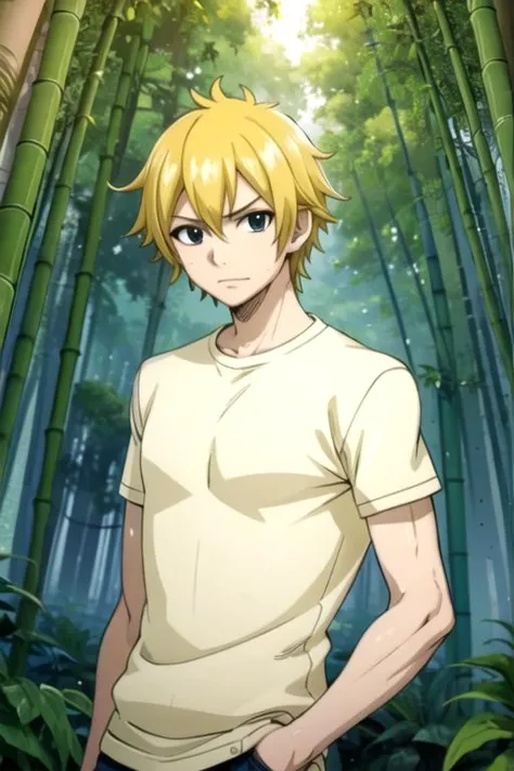 a man standing in front of a bamboo forest with a white shirt