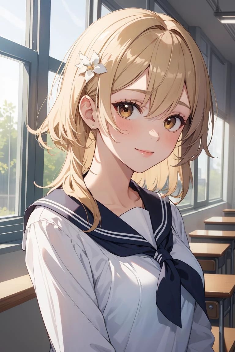(masterpiece, best quality, beautiful and aesthetic:1.3), 1girl, light smile, solo, luminedef, blonde hair, brown eyes, hair between eyes, upper body, closeup portrait, , sailor collar, looking at viewer, indoors, school, classroom, windows, standing, 