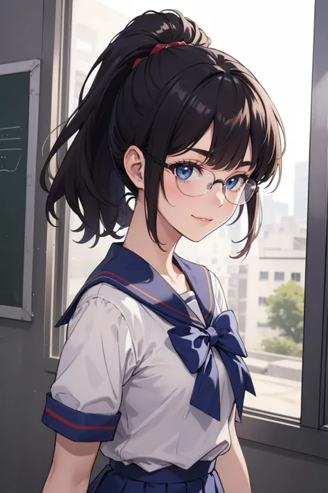 (masterpiece, best quality, beautiful and aesthetic:1.3), 1girl, light smile, solo, black hair, ponytail, glasses, upper body, c...