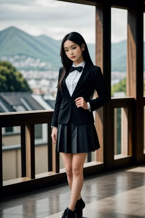 realistic, masterpiece, high detailed skin, looking at viewer, full body shot, scenic view, long hair, black hair
<lora:Black_White_School_Dress_By_Stable_Yogi:0.8> school uniform, black jacket, long sleeves, collared shirt, white shirt, neck ribbon, grey skirt, black socks, footwear