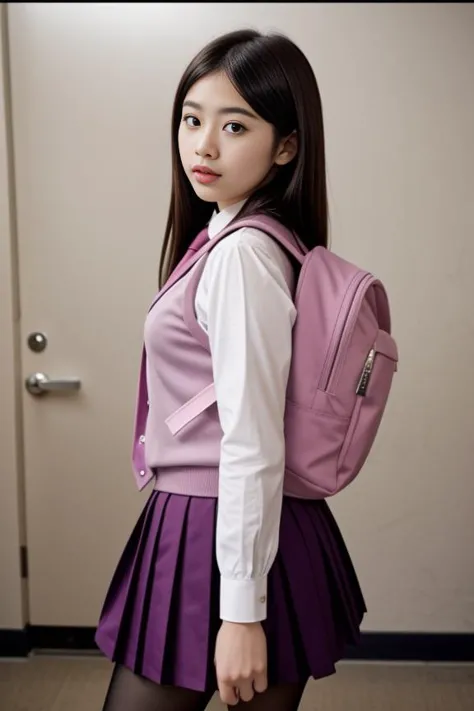 school uniform, necktie, backpack, pink vest, sweater vest, collared shirt, long sleeves, pleated skirt, pantyhose
<lora:Pink_Pu...