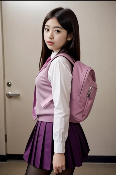 school uniform, necktie, backpack, pink vest, sweater vest, collared shirt, long sleeves, pleated skirt, pantyhose
