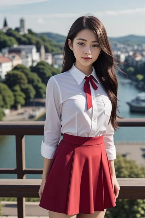 1 woman, 22yo, realistic, masterpiece, high detailed skin, looking at viewer, full body shot, scenic view, long hair, black hair
school uniform, stripped shirt, red skirt, red neck ribbon 