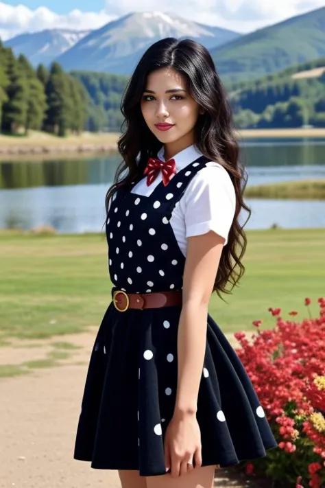 realistic, masterpiece, high detailed skin, looking at viewer, full body shot, scenic view, long hair, black hair
<lora:Pinafore_Polka_School_Dress_By_Stable_Yogi:1> polka dots pattern, black pinafore dress, long skirt, red bowtie, belt