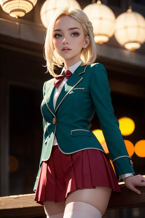 a close up of a woman in a green jacket and red skirt