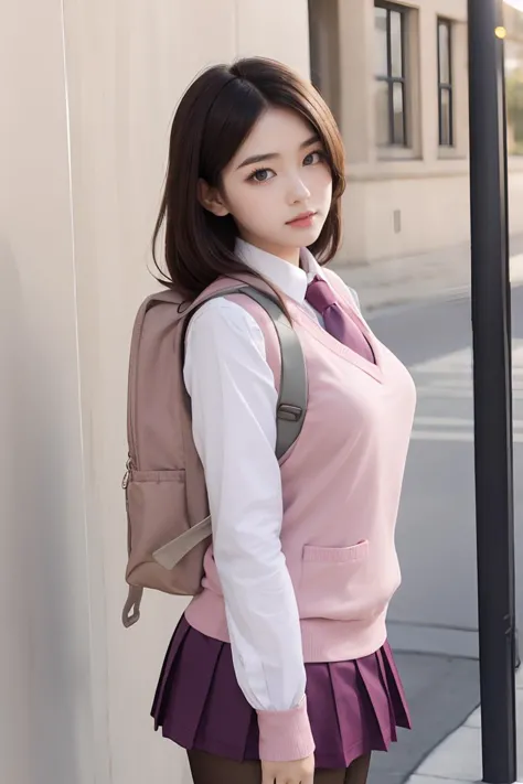 1girl, school uniform, necktie, backpack, pink vest, sweater vest, collared shirt, long sleeves, pleated skirt, pantyhose <lora:...