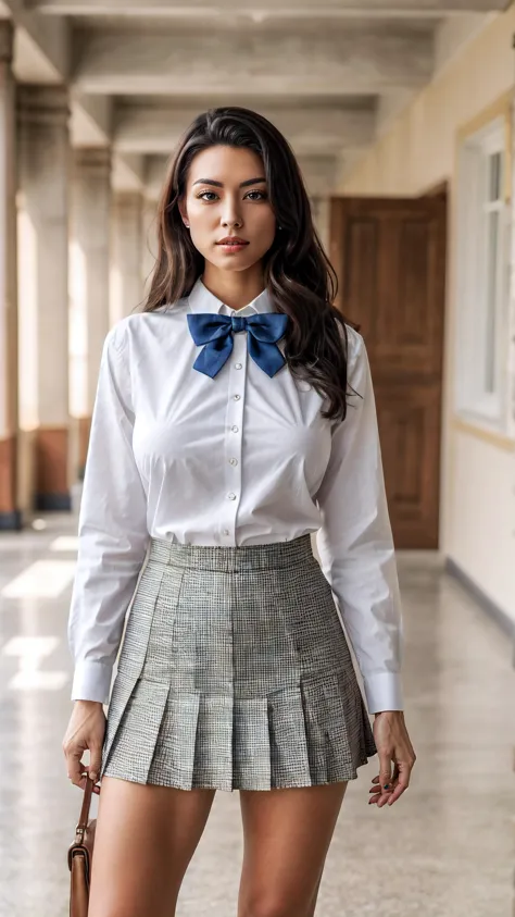 a woman in a skirt and bow tie is standing in a hallway