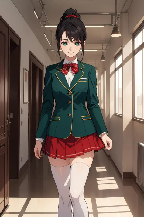 (masterpiece, best quality, beautiful and aesthetic:1.3), 1girl, light smile, solo, black hair, ponytail, school uniform, green ...