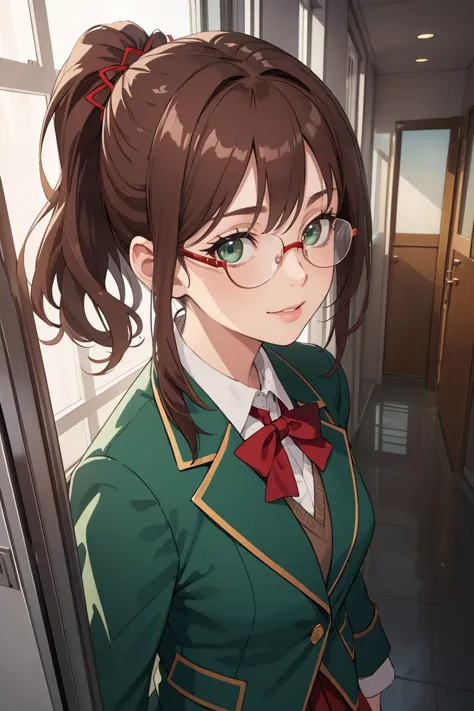 (masterpiece, best quality, beautiful and aesthetic:1.3), 1girl, light smile, solo, brown hair, ponytail, glasses, upper body, p...