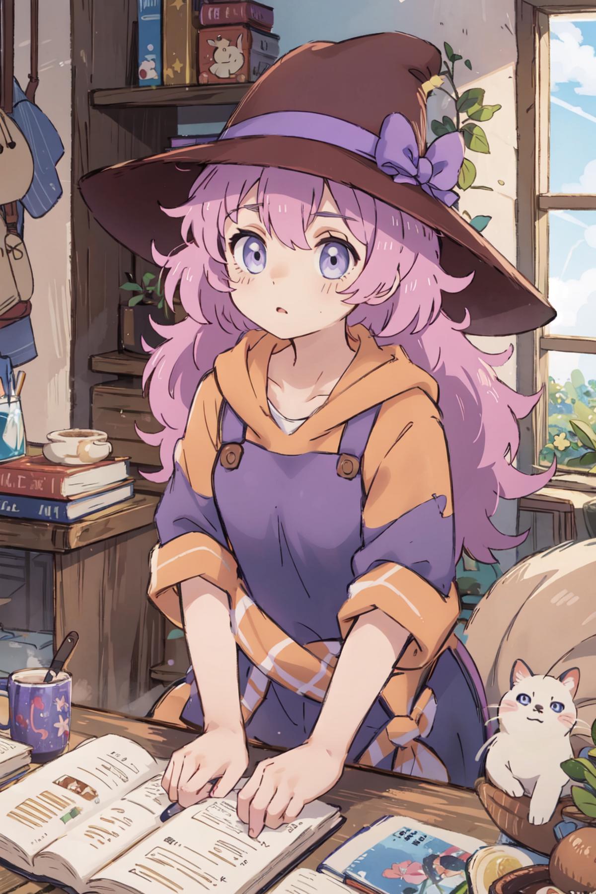 Anime girl with purple hair and purple eyes holding a book - SeaArt AI