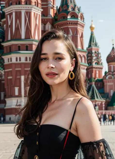 portrait of sks woman in Moscow, at the Red Square with St. Basil's Cathedral in the background, by Flora Borsi, style by Flora Borsi, bold, bright colours, ((Flora Borsi)), by Edward Weston, <lora:lora-small-emilia-clarke-v1:1>