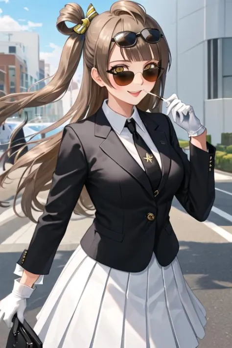 best quality, masterpiece, highres, solo, {black business suit:1.40}, {tie:1.20}, {sunglasses:1.25}, {white gloves:1.15}, {white shirt:1.10}, {black skirt:1.15}, {smoking:1.20}, handsome, {minami_kotori_lovelive:1.15}, long_hair, brown_hair, one_side_up, s...