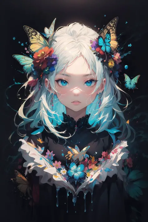 a girl with white hair and butterflies in her hair