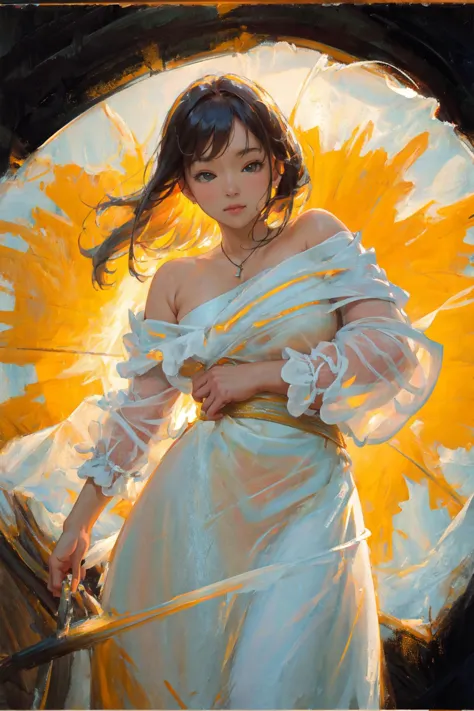 painting of a woman in a white dress holding a yellow umbrella