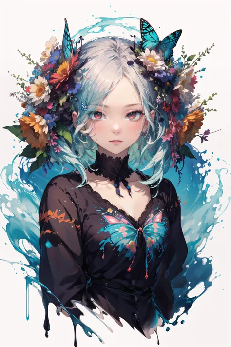 a woman with blue hair and flowers in her hair