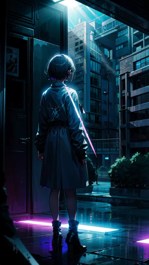 a woman in a trench coat standing in a dark alley