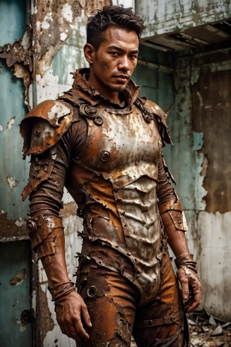 rusty4rmor, photo of a handsome (cambodian man), wearing rusty bodysuit, corrosion, torn clothes, fantasy wasteland background, post-apocalypse, realistic, masterpiece, intricate details, detailed background, depth of field,