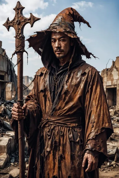 rusty4rmor, photo of a handsome (korean man), wearing rusty wizard robe, corrosion, torn clothes, fantasy wasteland background, ...