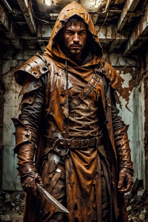 rusty4rmor, photo of a handsome (dominican man), wearing rusty rogue armor, corrosion, torn clothes, fantasy wasteland background, post-apocalypse, holding dagger, cloak, hood, underground bunker, realistic, masterpiece, intricate details, detailed background, depth of field,