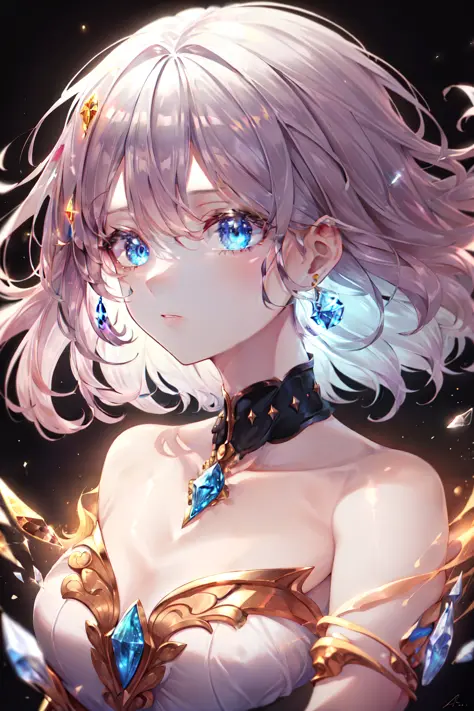 <lora:Glass_Hair:0.4>  Masterpiece, 4K wallpaper, cinematic light, Absurdres, protrait 1girl, amber hair, Silver earrings, (little crystal floating:0.6), crystal floating, particle glowing, fantasy golden clothing,