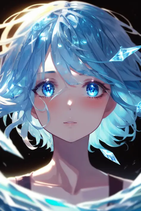 <lora:Glass_Hair:0.8> (((masterpiece))), best quality, illustration, 4K wallpaper, cinematic light, Absurdres, protrait of 1girl, short hair, blue crystal hair, looking at viewer, glow hair, bloom hair, clothing fantasy