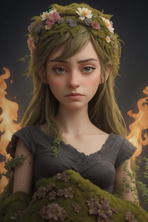 portrait of beautiful woman, floral dress, moss, sad, princess, druid, nature setting, flowers, ferns, tree on fire, black smoke