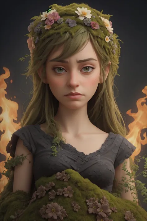 a girl with a flower crown on her head and a fire in the background