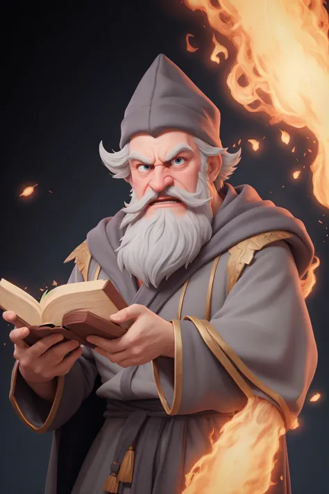 portrait of of man, sparkling robe, rage, wizard, fire pillar, grey beard, holding a glowing book