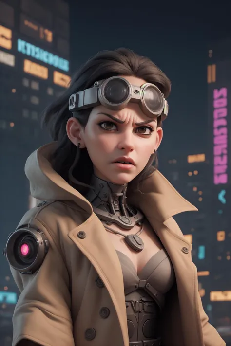 portrait of beautiful woman, coat, goggles, angry, cyborg, cyberpunk