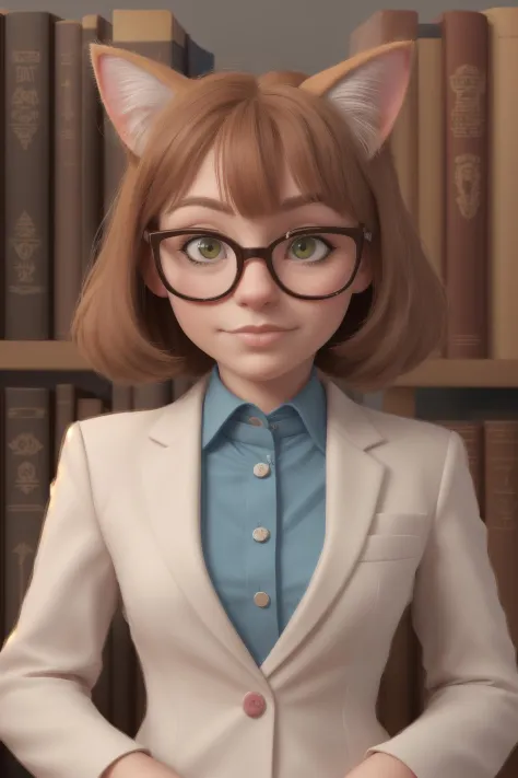 portrait of a cat wearing a suit, animal, kitten, cute librarian, wearing cute glasses, library background
