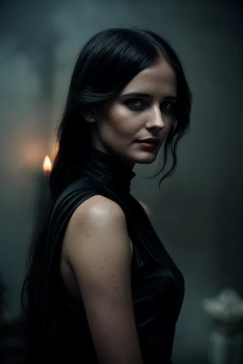 a woman in a black dress standing in a dark room