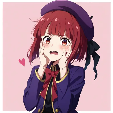 1girl,kanaschool,solo,looking at viewer,blush,embarrassed,short hair, open mouth, bangs, red eyes, long sleeves, hat, bow, jacke...