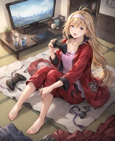 anime girl sitting on the floor with a camera and a laptop