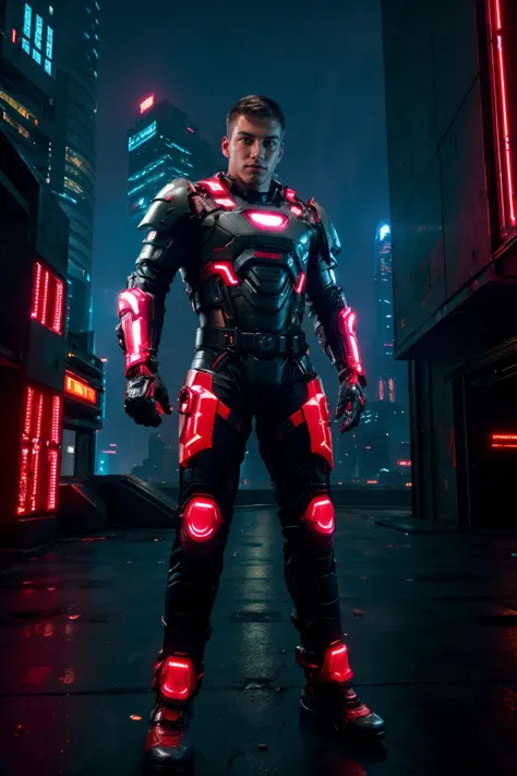 Cyberpunk futuristische Stadt von Tooimage in der Abenddämmerung, bokeh, JoelBirkin trägt eine rote Mecha-Rüstung, cyberpunk armor, Mecharmor-Handschuhe, rotes Leuchten (((Ganzkörperporträt))), weiter Winkel   