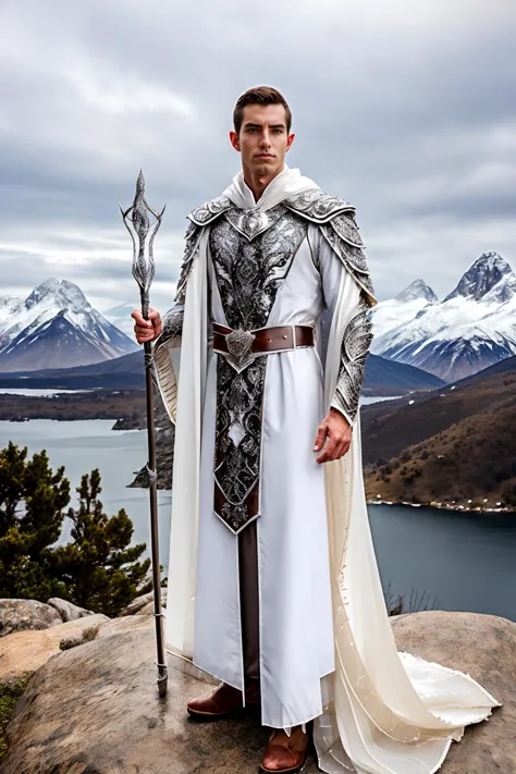 arafed man dressed in white and silver standing on a rock with a spear