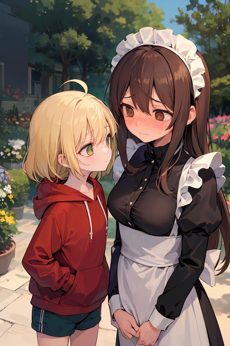 Anime girl and boy in maid outfit standing next to each other - SeaArt AI