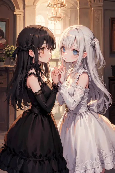 Cute girl,(2girls:1.3), gothic rococo dress,
, stare at each other,